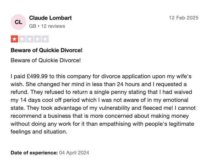 quickie divorce reviews - 1 star